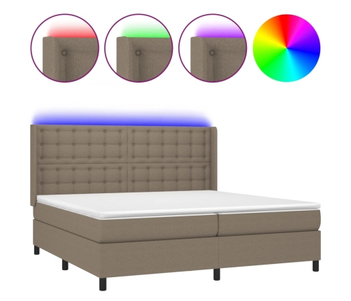 Cama box spring colchón y luces LED tela gris taupe 200x200 cm