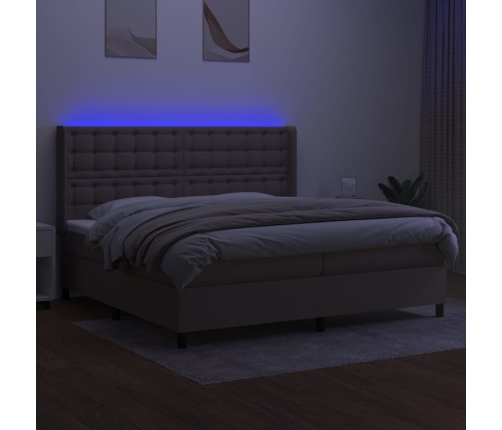 Cama box spring colchón y luces LED tela gris taupe 200x200 cm