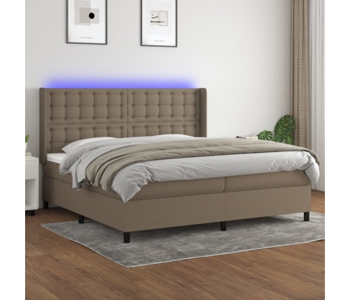 Cama box spring colchón y luces LED tela gris taupe 200x200 cm