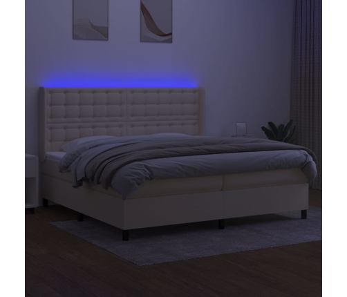 Cama box spring colchón y luces LED tela crema 200x200 cm