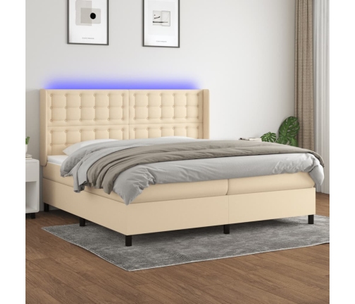 Cama box spring colchón y luces LED tela crema 200x200 cm