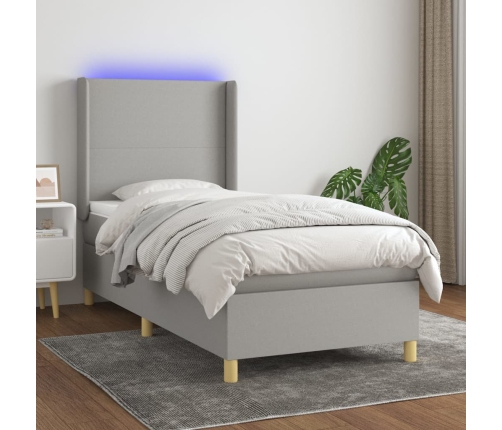 Cama box spring colchón y luces LED tela gris claro 80x200 cm