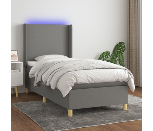 Cama box spring colchón y luces LED tela gris oscuro 80x200 cm