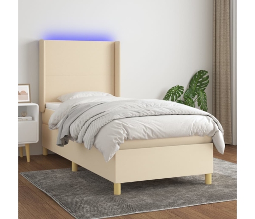 Cama box spring colchón y luces LED tela crema 80x200 cm