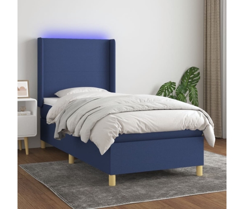 Cama box spring colchón y luces LED tela azul 80x200 cm