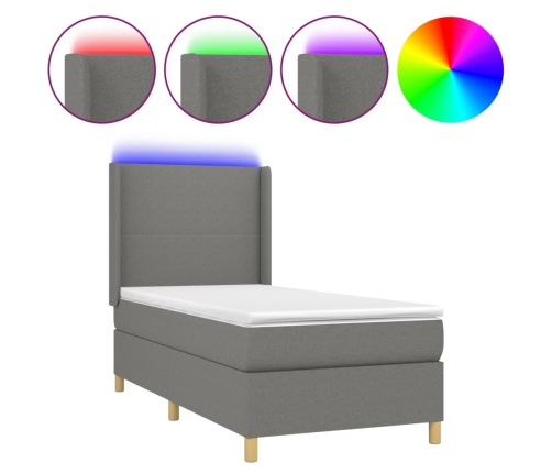 Cama box spring colchón y luces LED tela gris oscuro 90x190 cm