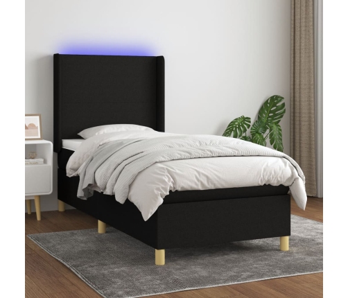 Cama box spring colchón y luces LED tela negro 90x190 cm