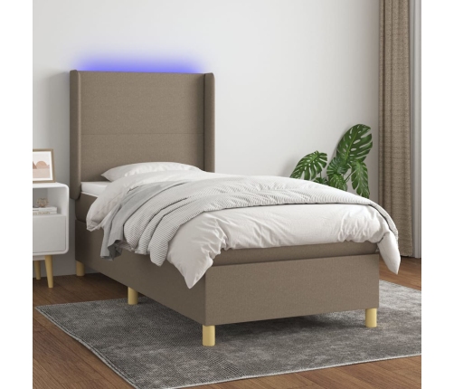 Cama box spring colchón y luces LED tela gris taupe 90x190 cm