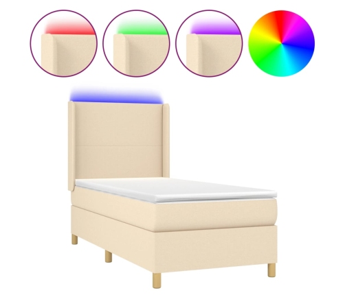 Cama box spring colchón y luces LED tela color crema 90x190 cm