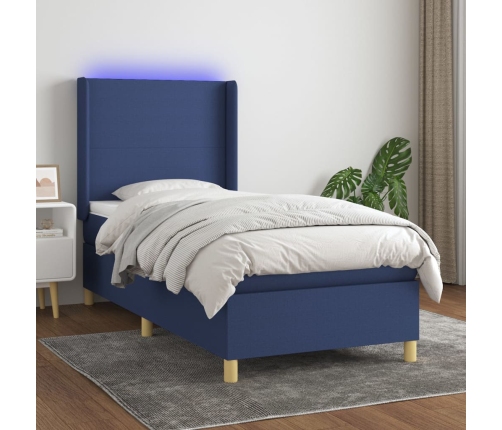 Cama box spring colchón y luces LED tela azul 90x190 cm