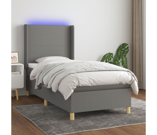 Cama box spring colchón y luces LED tela gris oscuro 90x200 cm