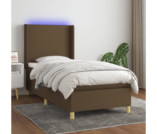 Cama box spring colchón y luces LED tela marrón oscuro 90x200cm