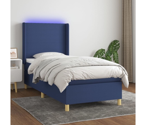 Cama box spring colchón y luces LED tela azul 90x200 cm