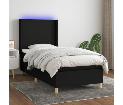 Cama box spring colchón y luces LED tela negro 100x200 cm