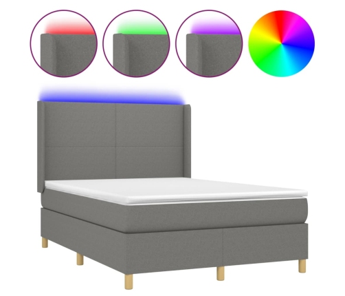 Cama box spring colchón y luces LED tela gris oscuro 140x190 cm