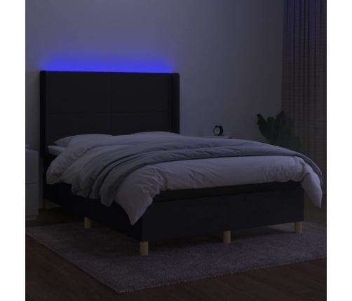 Cama box spring colchón y luces LED tela negro 140x200 cm