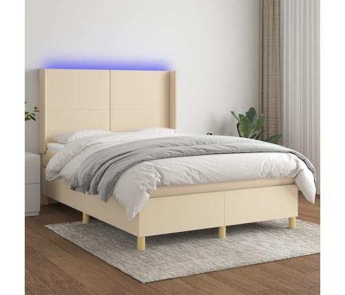 Cama box spring colchón y luces LED tela crema 140x200 cm