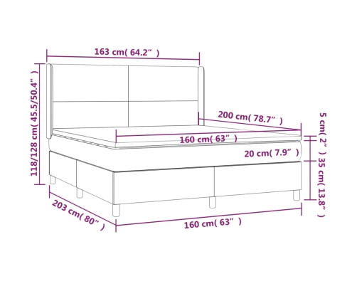 Cama box spring colchón y luces LED tela gris claro 160x200 cm