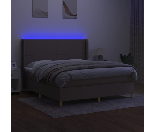 Cama box spring colchón y luces LED tela gris taupe 160x200 cm