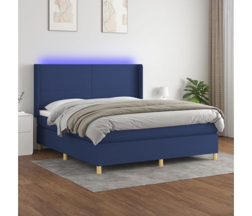 Cama box spring colchón y luces LED tela azul 160x200 cm