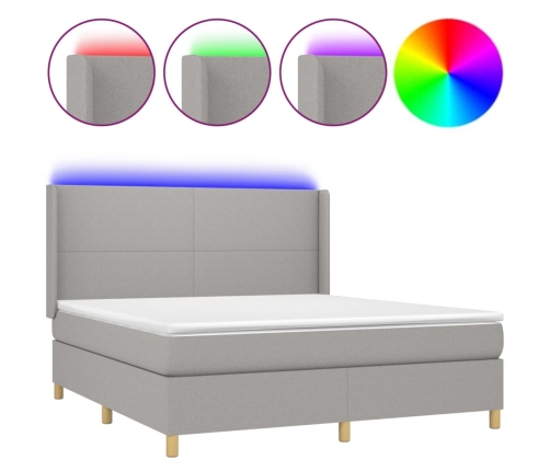 Cama box spring colchón y luces LED tela gris claro 180x200 cm