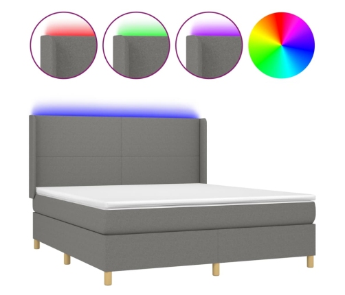 Cama box spring colchón y luces LED tela gris oscuro 180x200 cm