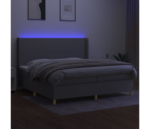 Cama box spring con colchón tela y LED gris claro 200x200 cm