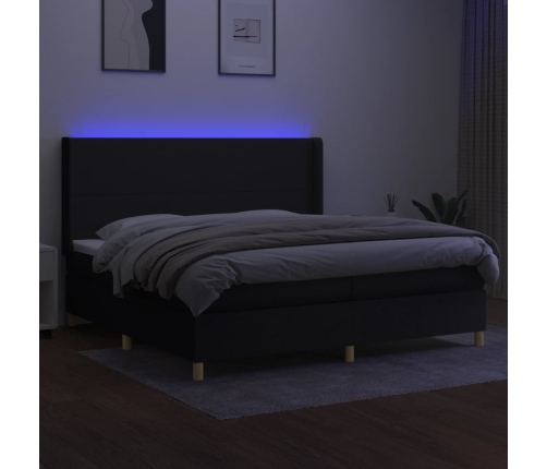 Cama box spring colchón y luces LED tela negro 200x200 cm