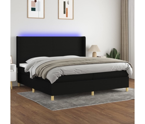 Cama box spring colchón y luces LED tela negro 200x200 cm