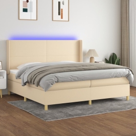 Cama box spring colchón y luces LED tela crema 200x200 cm