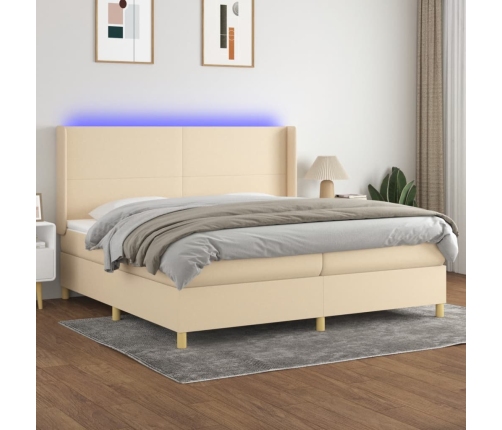 Cama box spring colchón y luces LED tela crema 200x200 cm