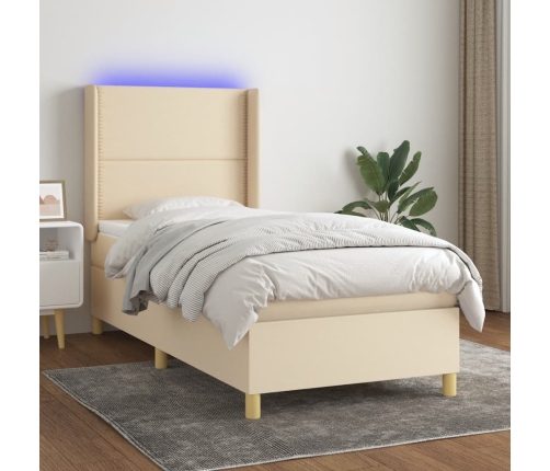 Cama box spring colchón y luces LED tela crema 80x200 cm