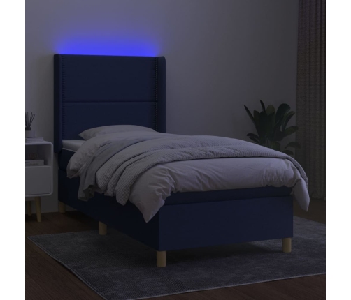 Cama box spring colchón y luces LED tela azul 80x200 cm