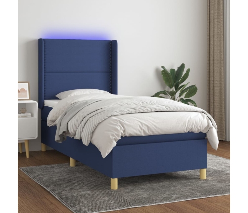 Cama box spring colchón y luces LED tela azul 90x190 cm