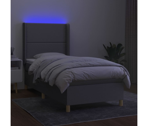 Cama box spring colchón y luces LED tela gris claro 90x200 cm