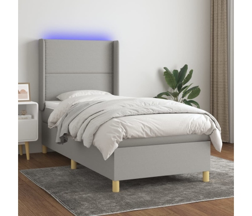 Cama box spring colchón y luces LED tela gris claro 90x200 cm