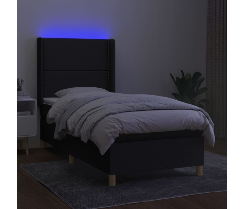 Cama box spring colchón y luces LED tela negro 90x200 cm