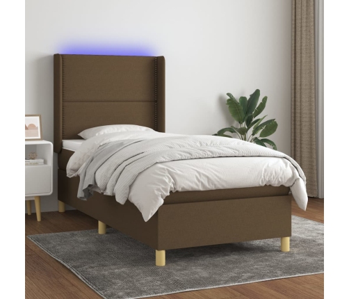 Cama box spring colchón y luces LED tela gris taupe 90x200 cm