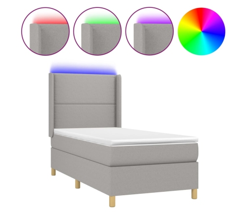 Cama box spring colchón y luces LED tela gris claro 100x200 cm