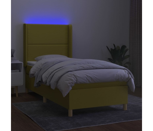 Cama box spring colchón y luces LED tela verde 100x200 cm