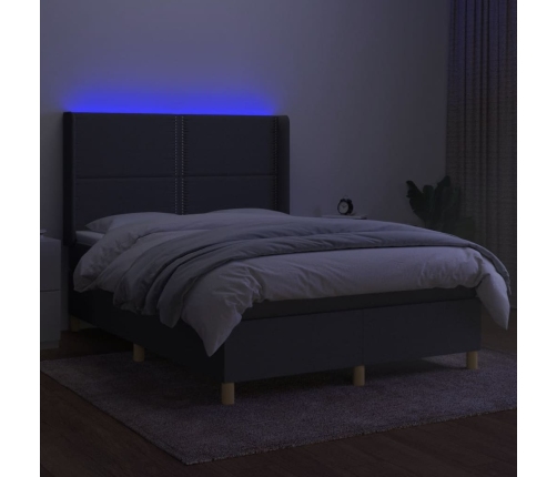 Cama box spring colchón y luces LED tela gris oscuro 140x190 cm