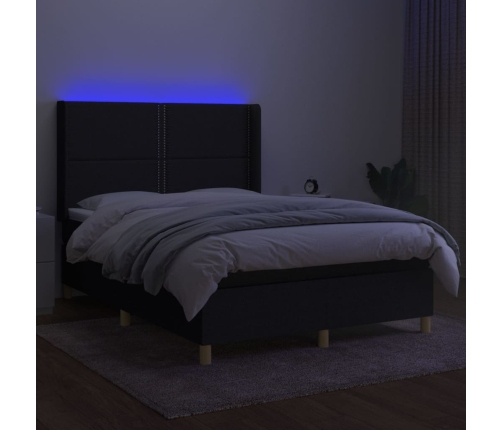 vidaXL Cama box spring colchón y luces LED tela negro 140x190 cm