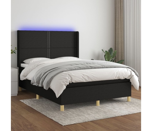 vidaXL Cama box spring colchón y luces LED tela negro 140x190 cm