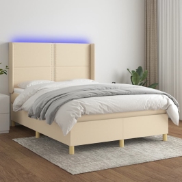 Cama box spring colchón y luces LED tela crema 140x200 cm