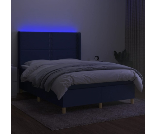 Cama box spring colchón y luces LED tela azul 140x200 cm