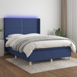 Cama box spring colchón y luces LED tela azul 140x200 cm