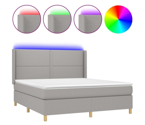 Cama box spring colchón y luces LED tela gris claro 160x200 cm