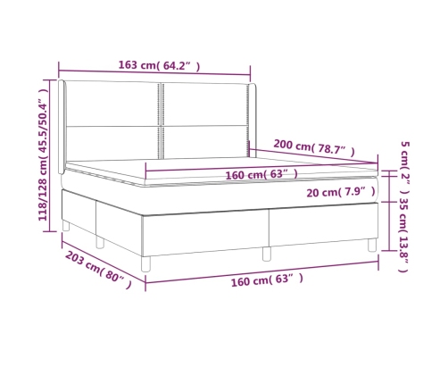 Cama box spring colchón y luces LED tela gris taupe 160x200 cm