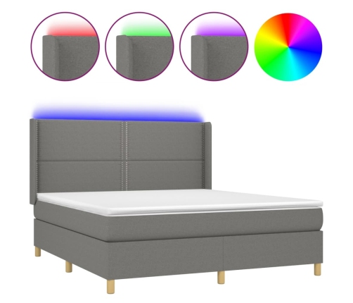 Cama box spring colchón y luces LED tela gris oscuro 180x200 cm