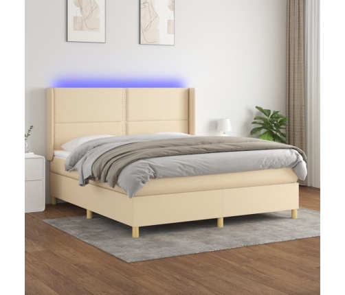 Cama box spring colchón y luces LED tela crema 180x200 cm